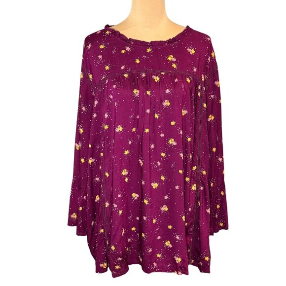 Old Navy Boho Floral Blouse Sz.3XL Fuchsia Modal Ruffle Bell Sleeve Cottage - Picture 2 of 14